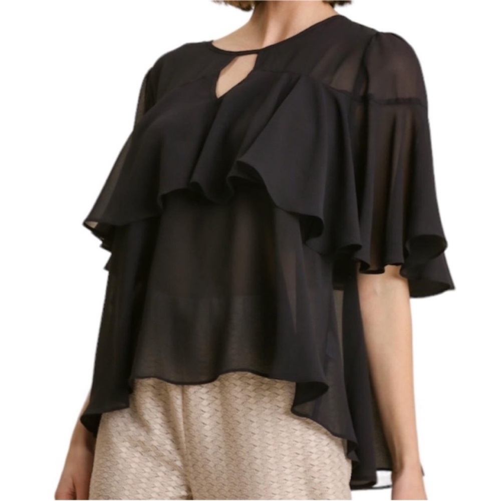 UMGEE Sheer Ruffle Blouse Top L black